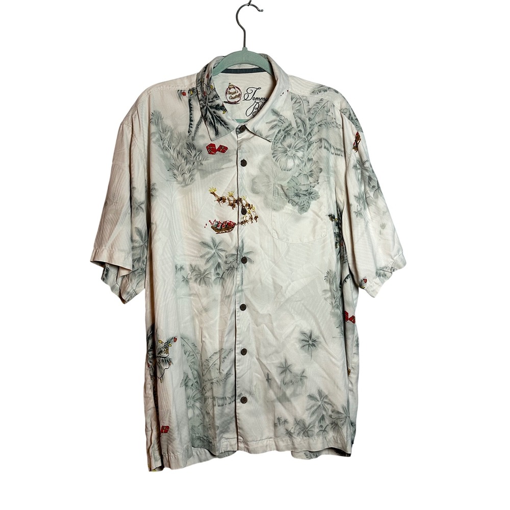 Tommy Bahama Mens XL Silk Christmas Camp Shirt Santa Reindeer‎ Tropical Ivory